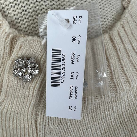 NWT J.CREW Natural Cream Crewneck Sweater Rhinestone Jewel Button Wool Blend XS - Picture 10 of 12
